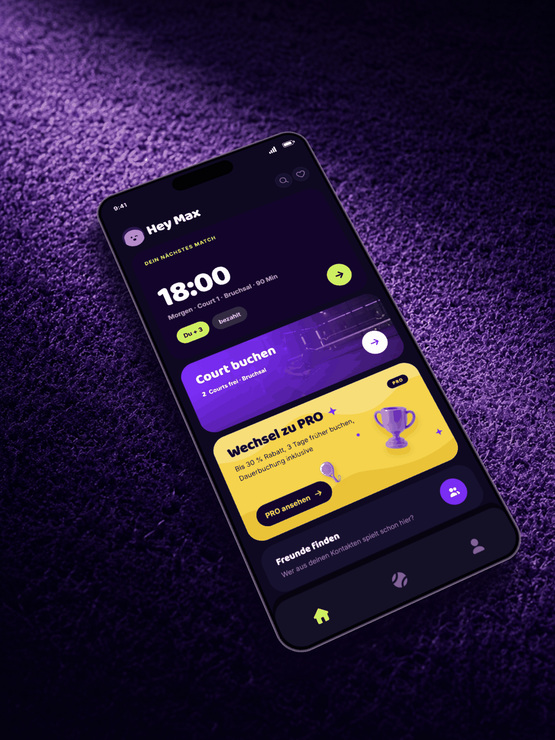 Die padelsmart App auf einem lila Padelcourt