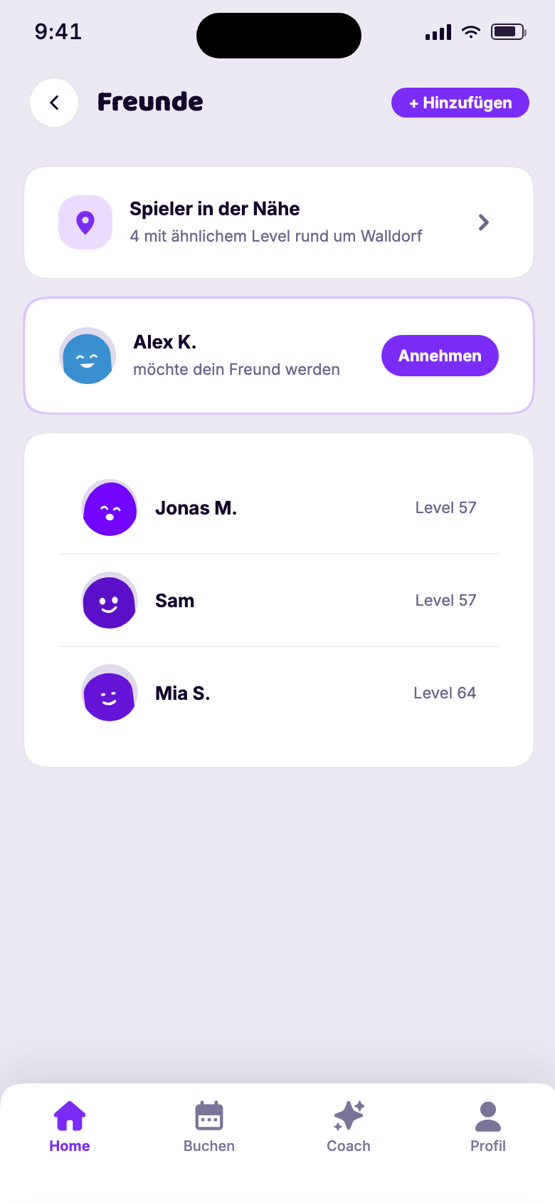 App-Vorschau: deine Freundesliste mit Levels und offener Freundschaftsanfrage