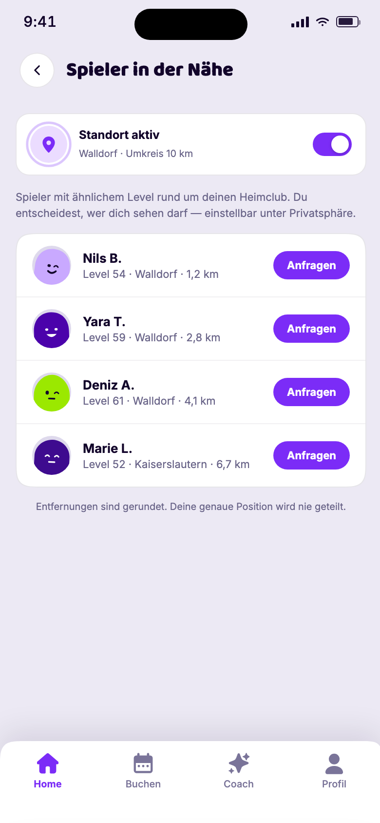 App-Vorschau: Spieler in der Nähe mit ähnlichem Level rund um den Heimclub