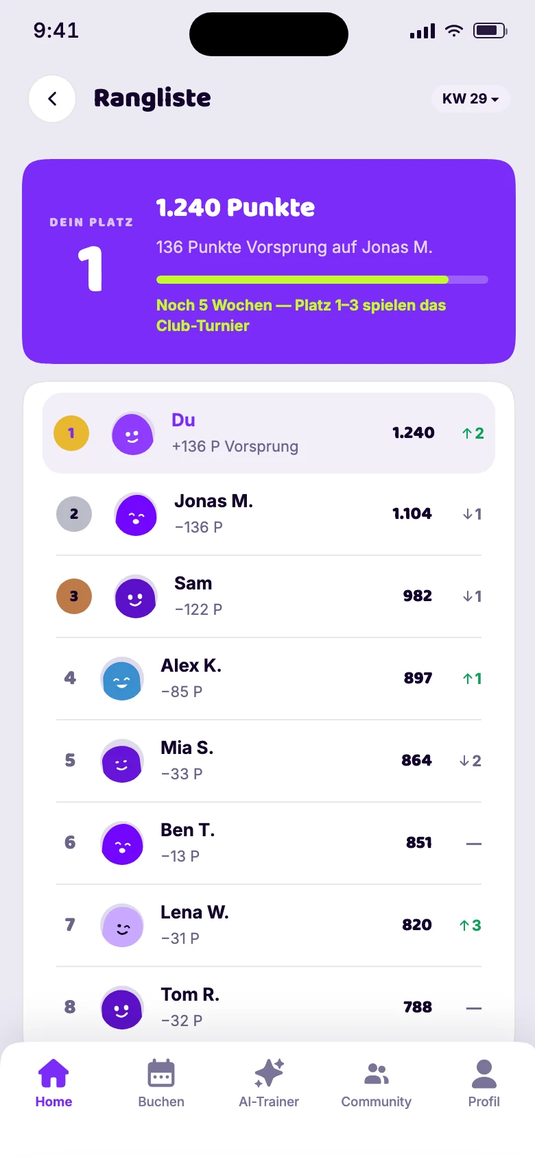 App-Vorschau: Club-Rangliste mit Punkten und Platzierung